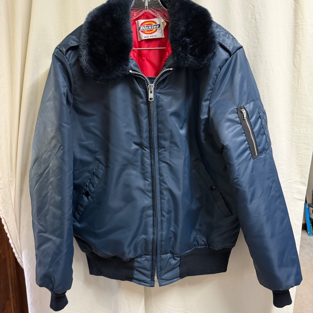 Vintage Dickies Bomber Jacket Navy Blue Faux Fur Collar Made in USA Medium